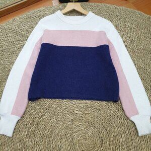 White Pink Navy Color Block Knit Crop Sweater